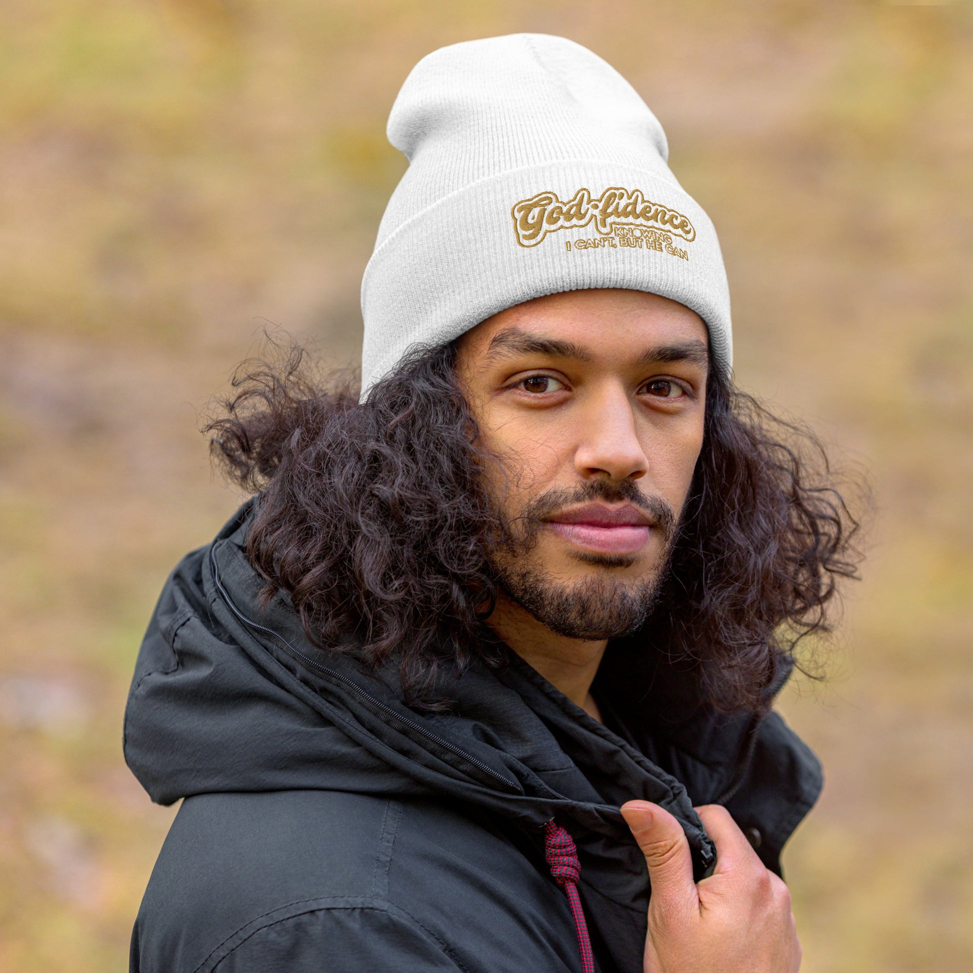 men's lifestyle shot, white winter beanie